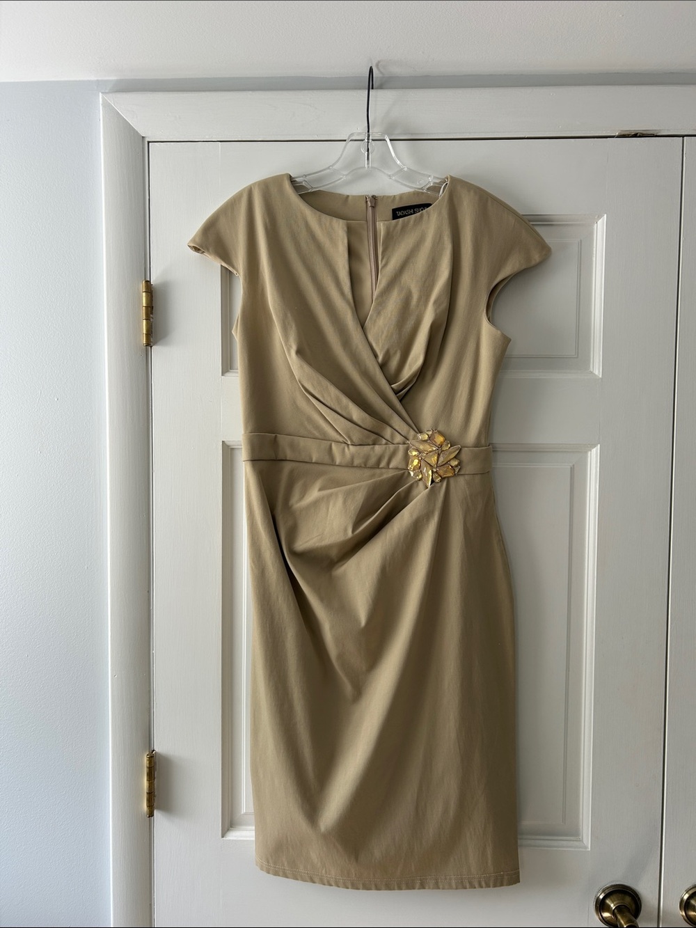 Tadashi Shoji Tan Midi Sheath Dress with Gold Brooch